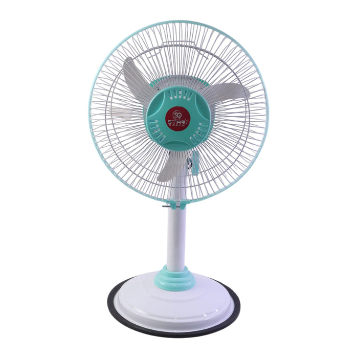 Close-up of safety grill and blades of pedestal fan