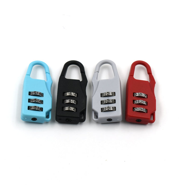 The compact 3-digit travel lock displayed next to a travel bag.