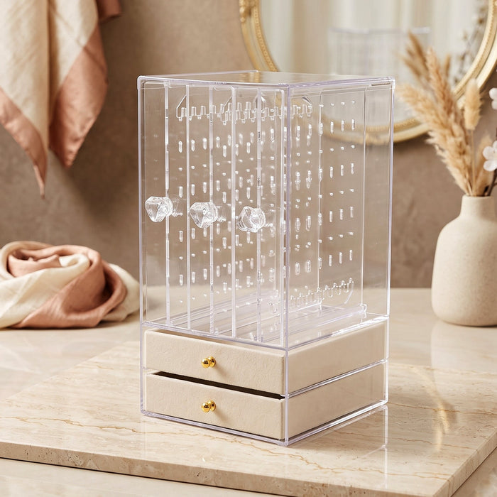 Clear organizer with 3 panels and 2 drawers for accessories