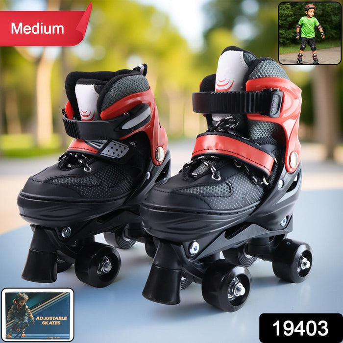 Side view of adjustable medium-size quad roller skates for kids with double-lock closures