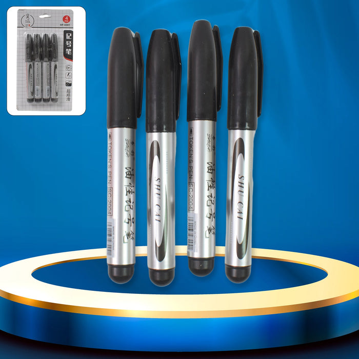 Black Marker Set of four, neatly arranged with caps on, showcasing the product.