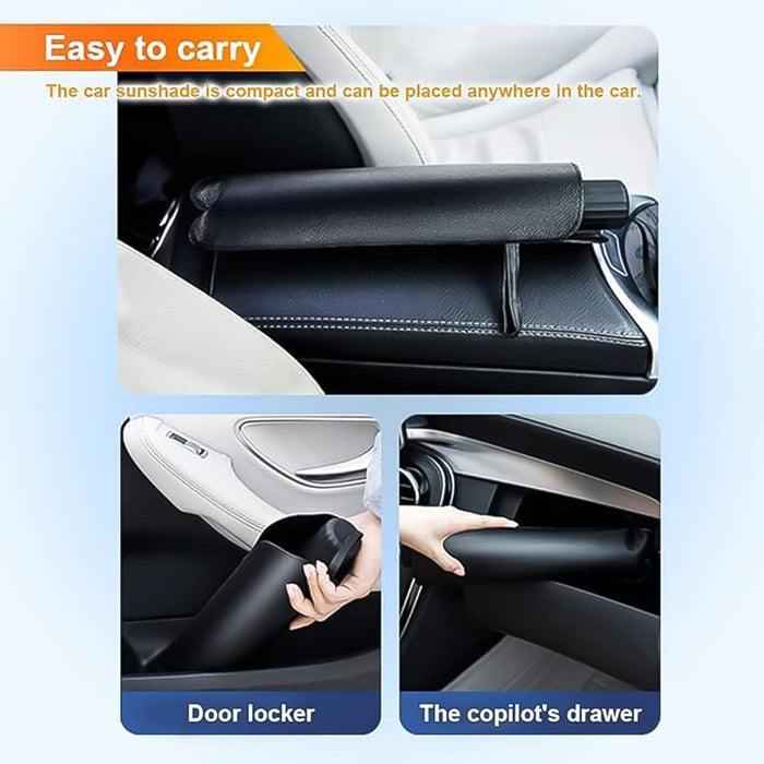 The Car Windshield Sun Shade shown with its ergonomic handle and sturdy frame.