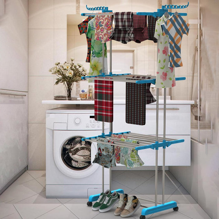 Side view of the stainless steel laundry rack, highlighting its foldable design.