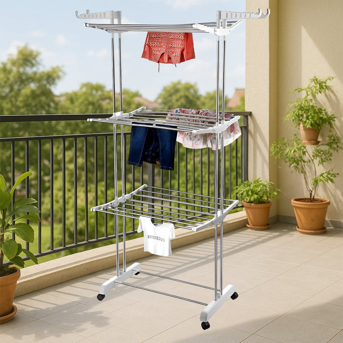 Close-up of the stainless steel rods and plastic joints of the drying stand.
