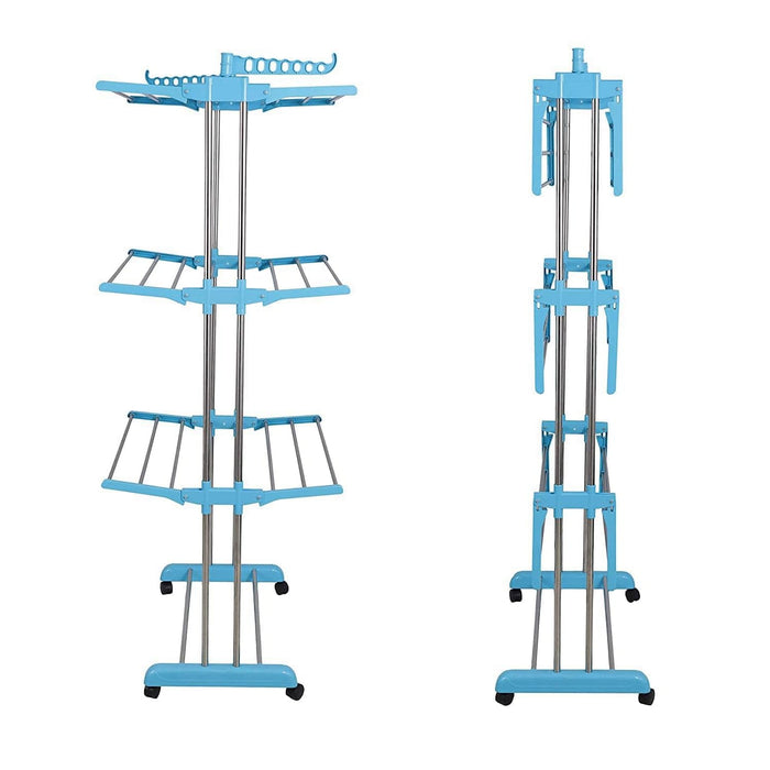 Close-up of the smooth-rolling wheels on the portable clothes drying stand.