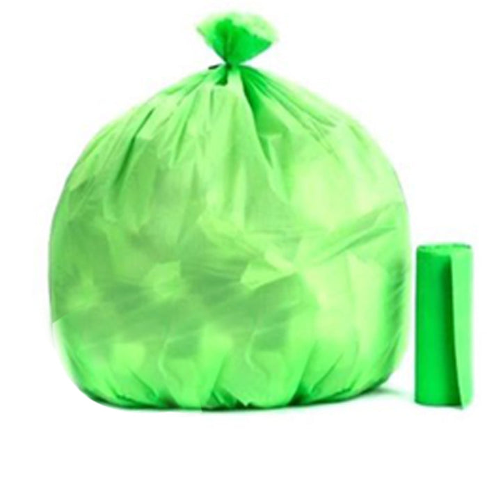 Heavy-duty biodegradable green corn starch trash bags for secure garbage disposal.