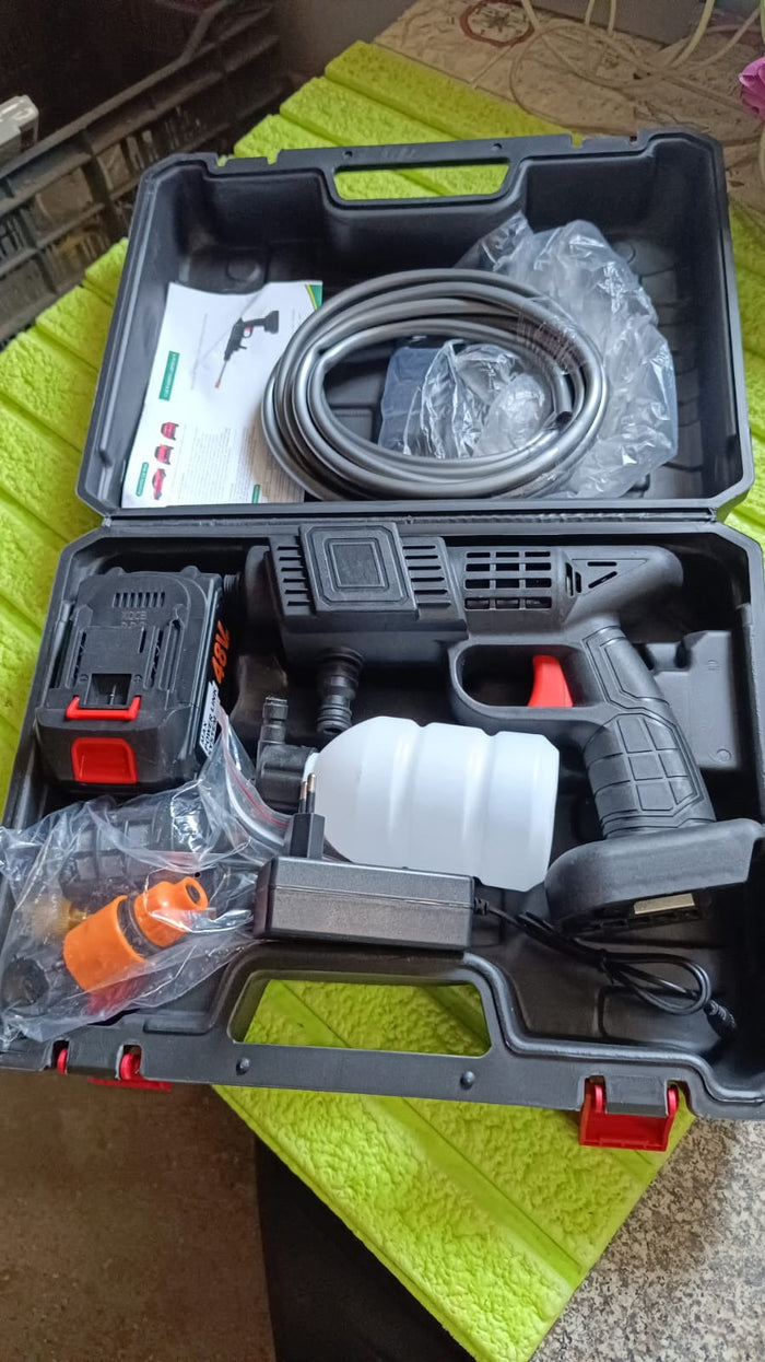 The complete portable pressure washer kit neatly packed in its durable plastic box.