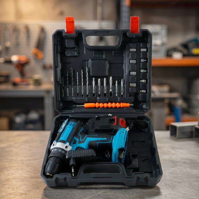 Open carry case with cordless drill and accessories