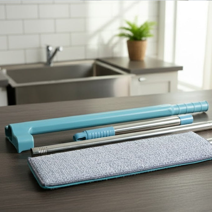 Flat floor cleaning mop reaching under furniture with slim mop head