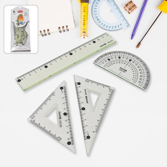 4-piece geometry set with transparent triangle ruler and protractor for precise measurement