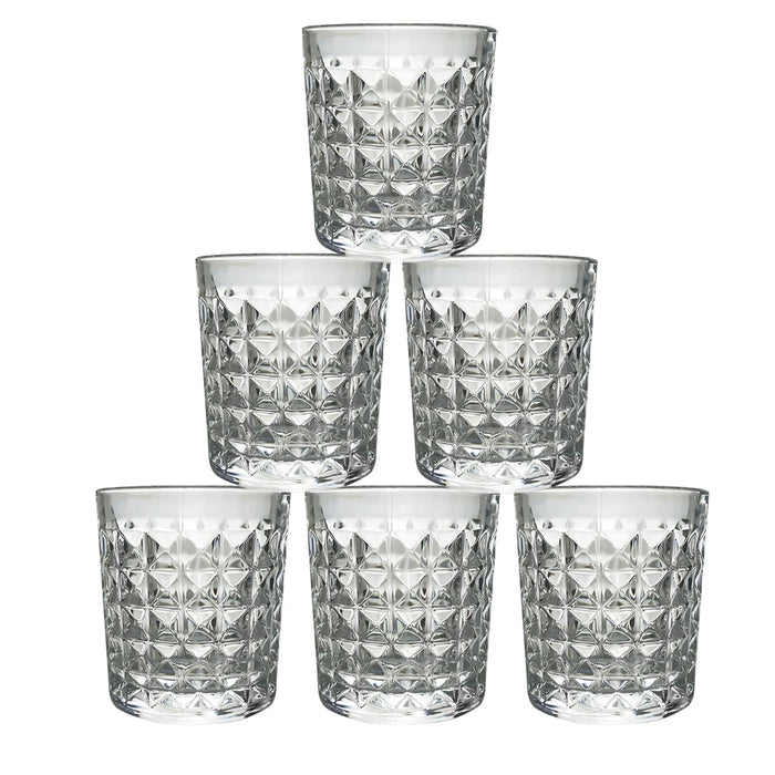 A stack of elegant diamond-cut glass tumblers, illustrating their compact storage and design.
