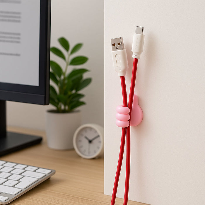 Close-up view of pink hand-shaped cable and key holder made of silicone
