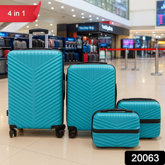 Side-by-side display of four different sized suitcases from the set