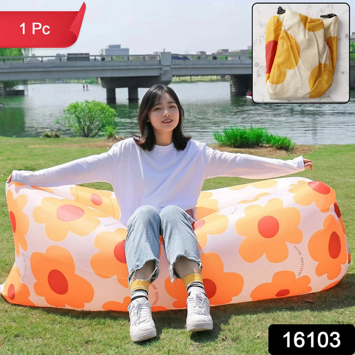 Portable inflatable lazy sofa with bright flower design for outdoor use