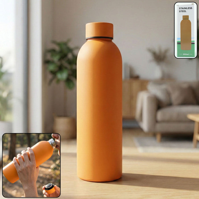 Orange insulated stainless steel water bottle, 500ml capacity