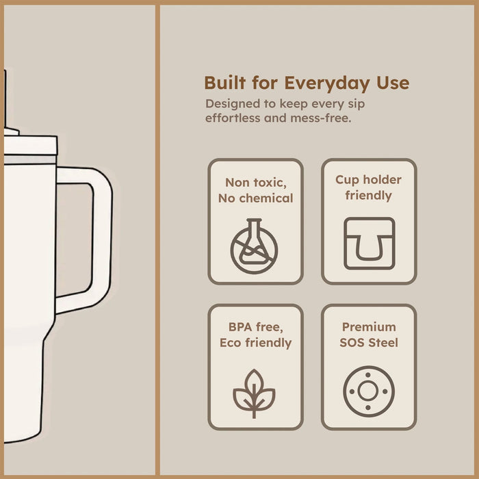 Angled view of insulated travel mug with spill-proof lid and handle