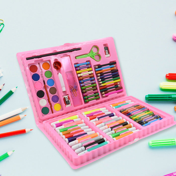 Watercolor paints and a brush included in the Craftily 86-piece art kit.