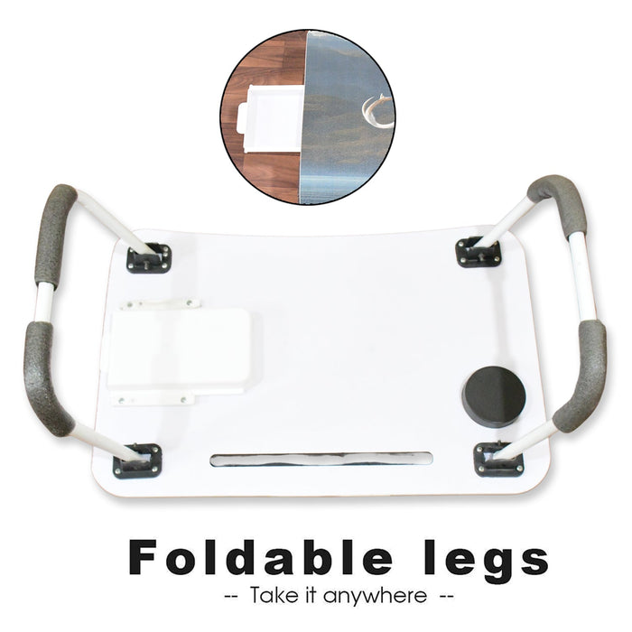 Compact foldable laptop desk shown in a comfortable bed setting.