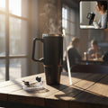 Black insulated travel coffee mug with handle and lid