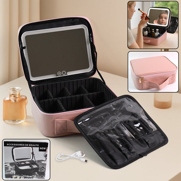 Premium LED makeup organizer box with touch sensor mirror and adjustable compartments