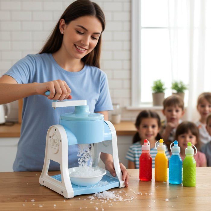 Close-up of blue manual ice gola cone maker machine for crushed ice desserts