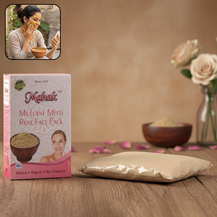 Jar of Multani Mitti and Rose face pack powder for skincare