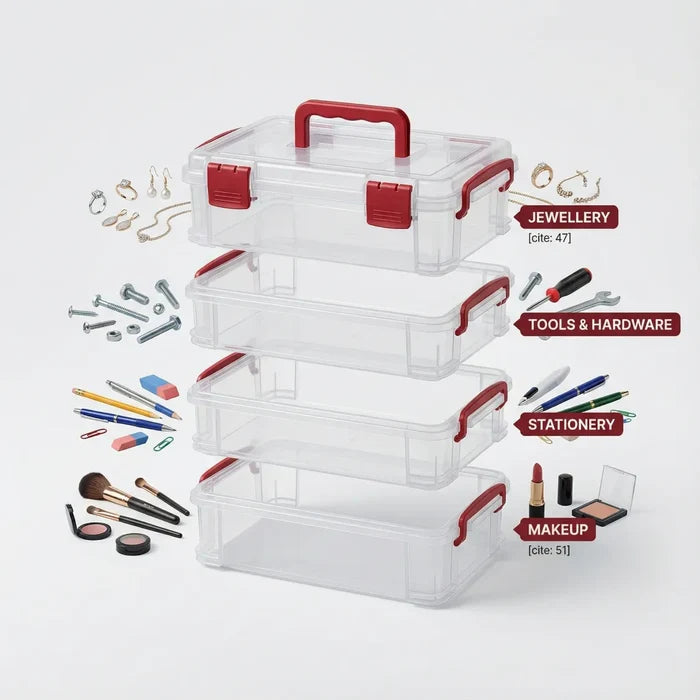 Open layers of 4-layer storage container showing individual compartments