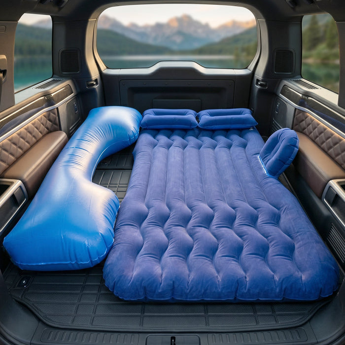 Main view of blue portable car air mattress set in SUV
