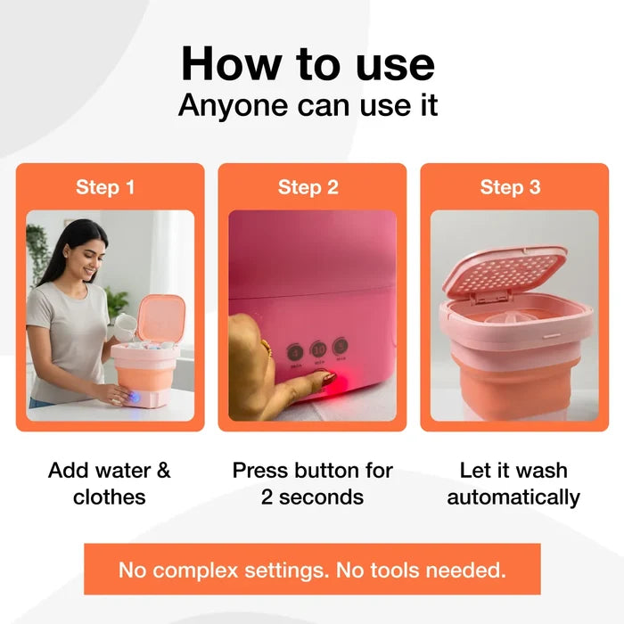 Angled view of the portable washing machine, showcasing its ergonomic design and sturdy build.