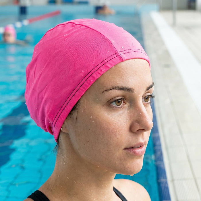Flexible pink swimming cap made from durable materials