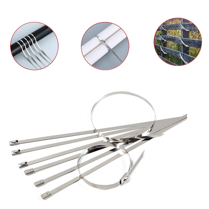 Plain background with a single stainless steel cable tie, highlighting its sleek design.