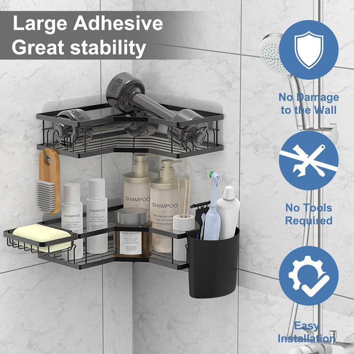 Black iron-coated stainless steel corner shelf organizer with integrated hooks for hanging towels