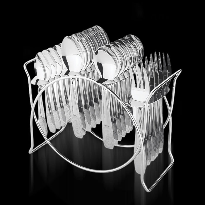 24-piece stainless steel cutlery set with elegant storage stand on table