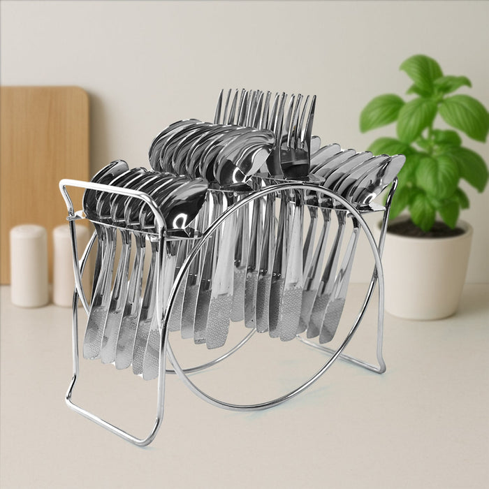 Complete 24-piece stainless steel cutlery set including spoons, forks, and knives