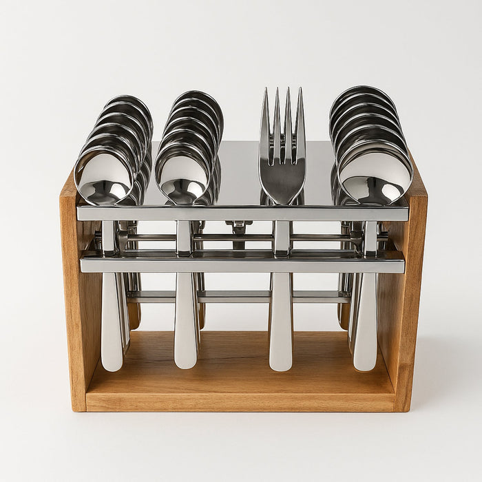 Close-up view of shiny stainless steel flatware pieces