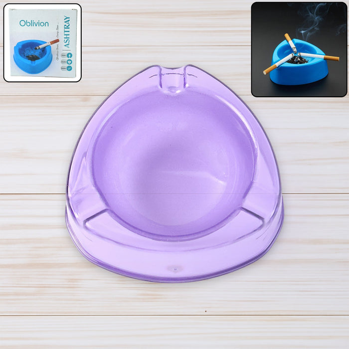 Transparent purple plastic ashtray with wide bowl and triangular shape