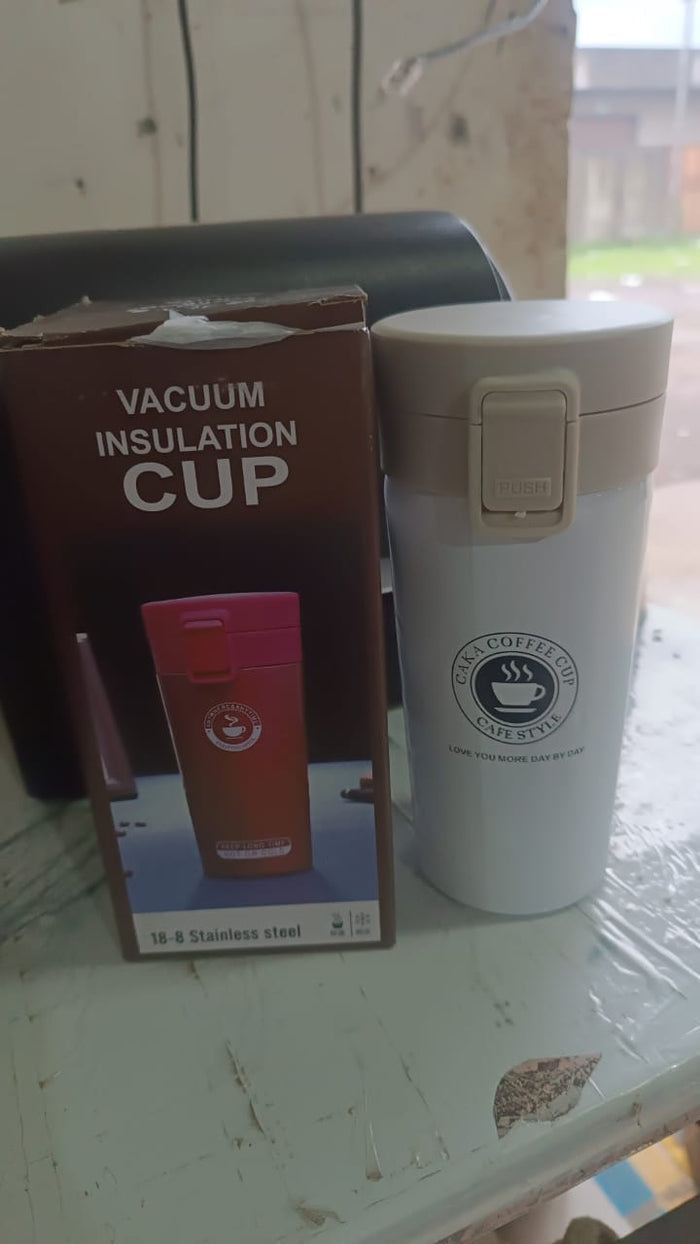Alternative angle of vacuum insulated coffee flask with flip lock lid