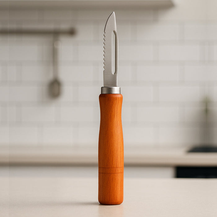 Quickslice wooden handle stainless steel vegetable peeler on a clean white background.